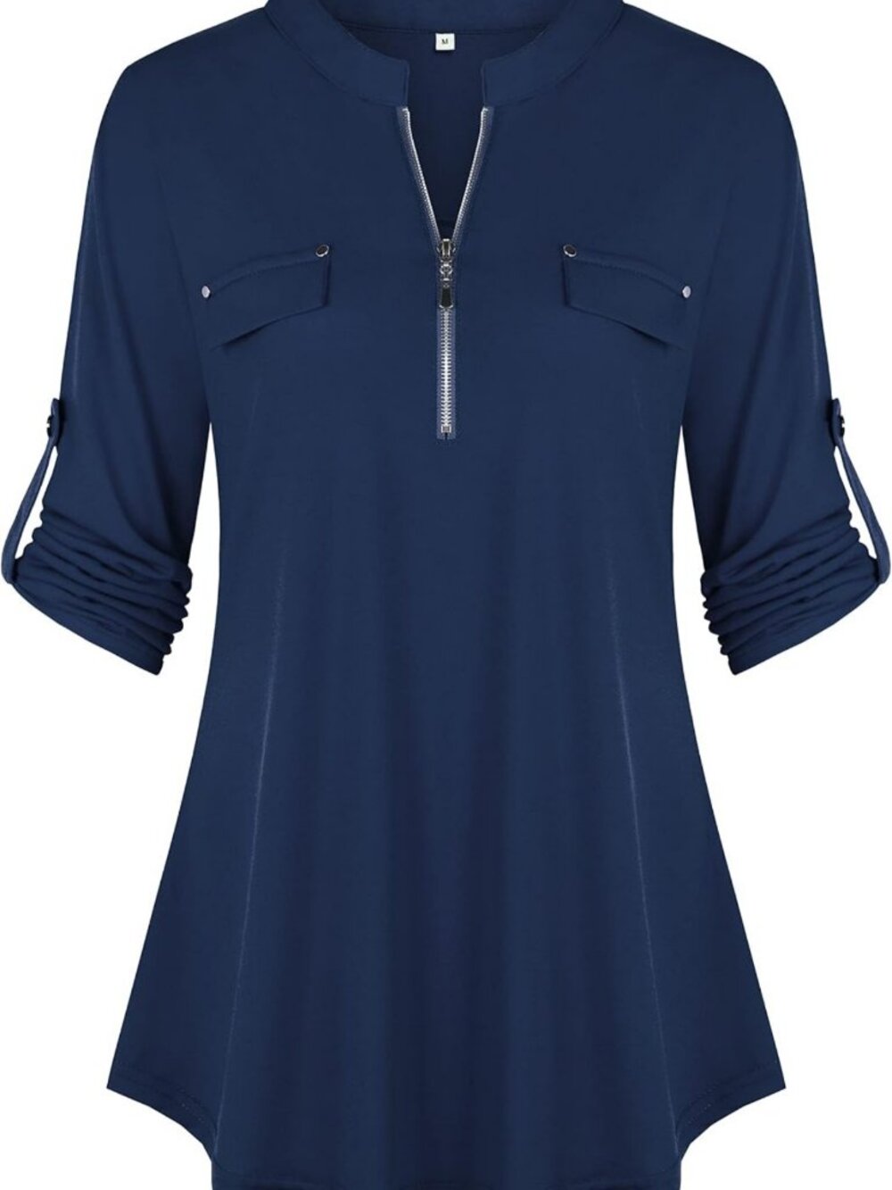 Floral Plaid Tunic Blouse Top for Women - Casual 3/4 Sleeve Zip Shirt